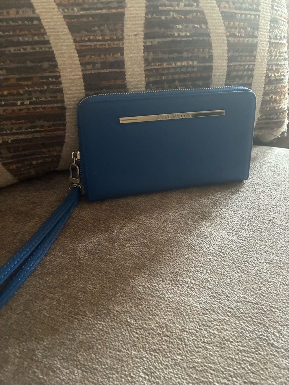 Steve Madden Blue Zip Wristlet with Metal Accent